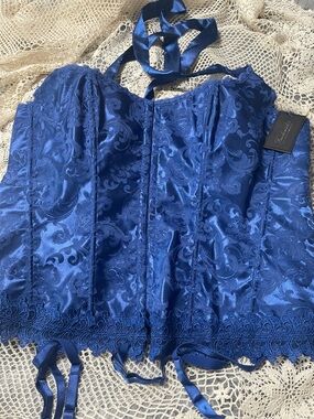 Frederick's of Hollywood Royal Blue Satin Brocade Corset Chemise